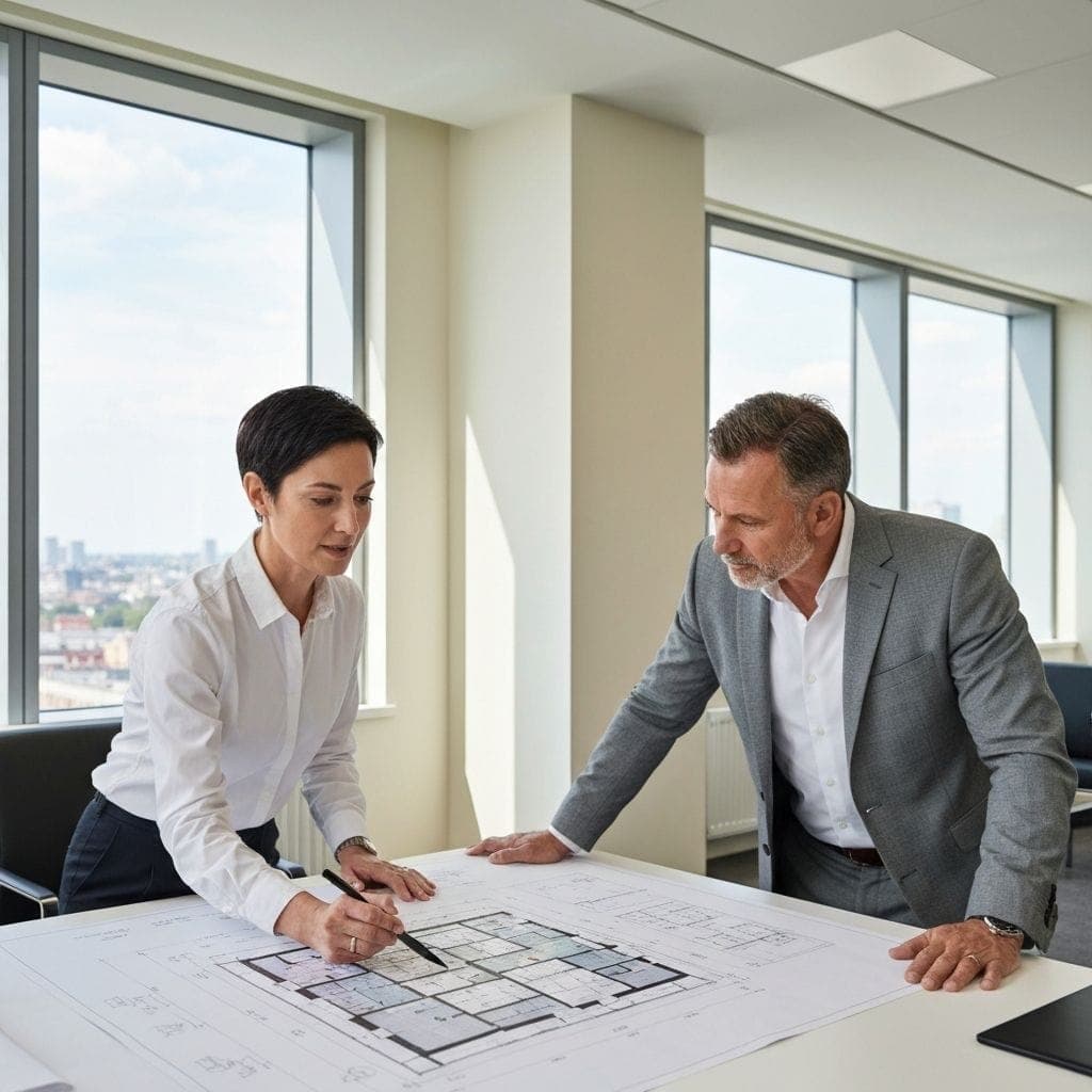 Guy Moore reviewing architectural plans with client